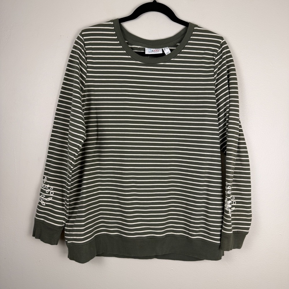 Denim & Co. Sweatshirt Women's Medium Green White Striped Long Sleeve Pullover